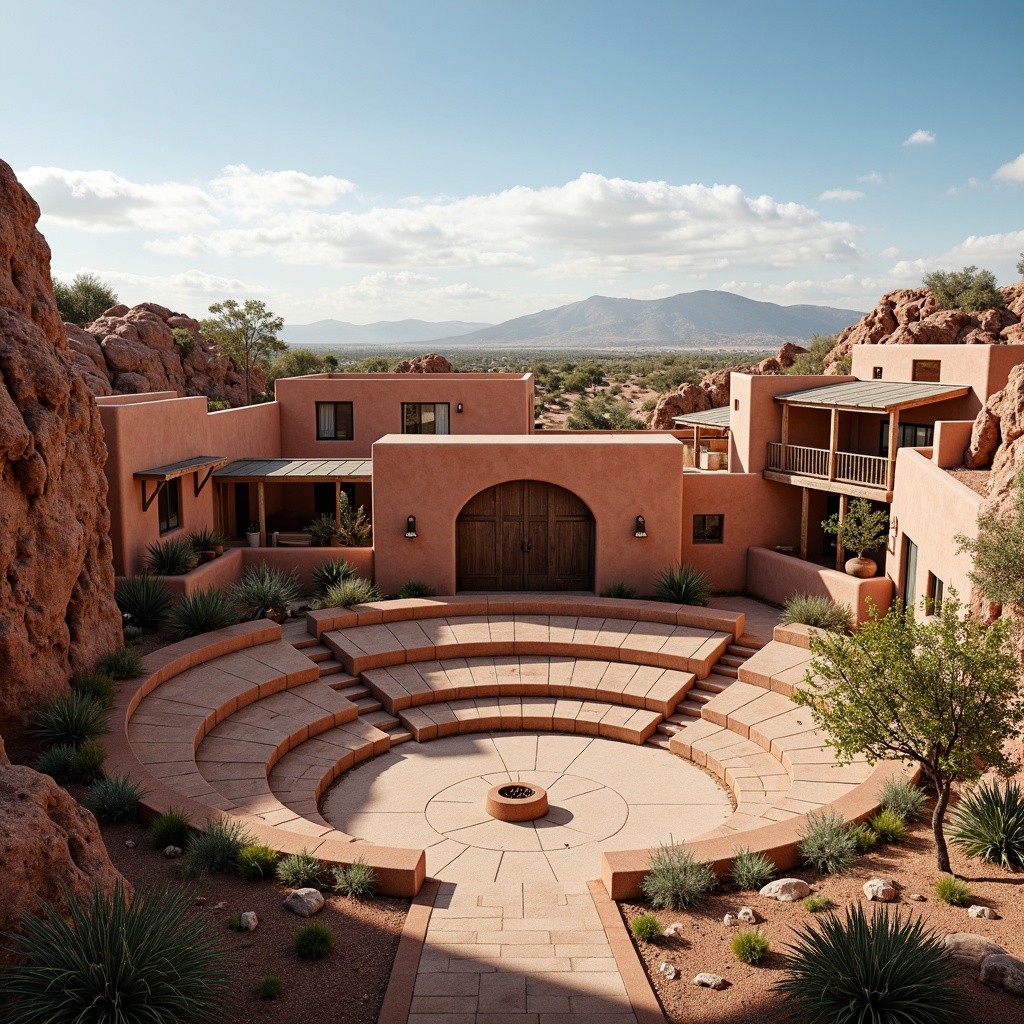 Prompt: Earthy-toned amphitheater, southwestern architectural style, curved stone seating, natural rock formations, desert flora, cacti, succulents, warm sandy tones, adobe-inspired buildings, earthy red hues, vast open sky, clear blue atmosphere, abundant natural light, soft warm glow, dappled shade, rustic wooden accents, woven textiles, vibrant turquoise details, Southwestern patterns, terracotta pottery, earthenware vessels, ambient occlusion, realistic rock textures, shallow depth of field, 3/4 composition.