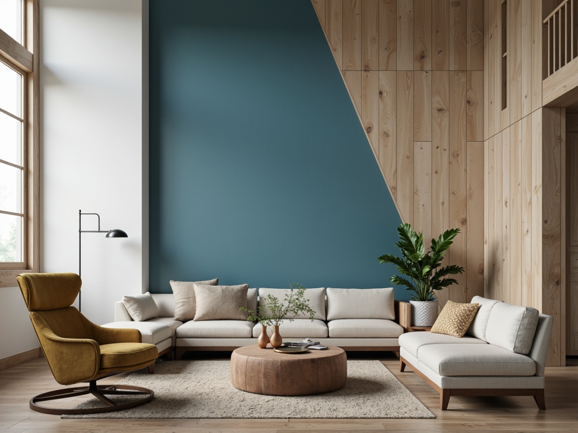 Prompt: Cerulean blue accent wall, soft creamy whites, warm beige tones, rich wood textures, natural linen fabrics, vintage distressed finishes, antique bronze hardware, elegant curved lines, sophisticated modern furniture, luxurious velvet upholstery, atmospheric misty lighting, subtle gradient effects, 1/2 composition, intimate cozy atmosphere, realistic fabric simulations, ambient occlusion.