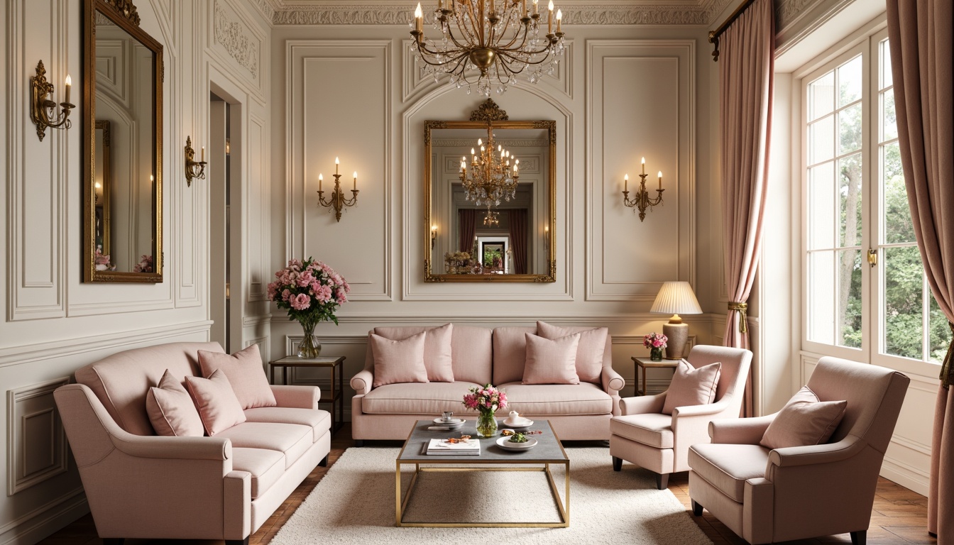 Prompt: Lavish interior, ornate furnishings, soft pastel hues, pale pink accents, creamy whites, warm golden tones, rich velvety textures, intricate carvings, curved lines, ornamental mirrors, crystal chandeliers, luxurious fabrics, tufted upholstery, delicate florals, subtle sheen, warm candlelight, shallow depth of field, 1/2 composition, intimate atmosphere, realistic reflections.