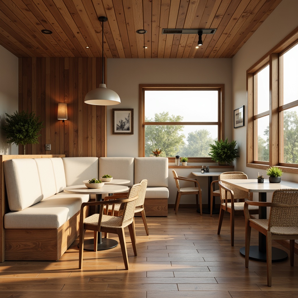 Prompt: Cozy breakfast nook, warm wooden tones, soft cream upholstery, plush cushions, rounded edges, minimalist legs, natural stone countertops, earthy color palette, pendant lighting, rustic metal accents, woven rattan chairs, elegant glass tables, subtle texture patterns, morning sunlight, warm ambient glow, shallow depth of field, 1/1 composition, realistic rendering.