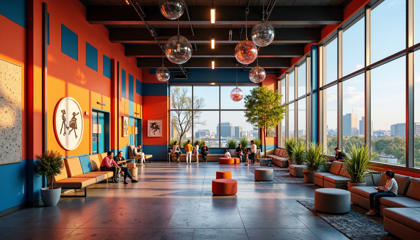 Prompt: Vibrant student hall, modern architecture, bold color blocking, geometric patterns, urban landscape, cityscape background, trendy furniture, neon lights, futuristic chandeliers, abstract art installations, eclectic decorations, industrial materials, polished concrete floors, minimalistic walls, floor-to-ceiling windows, natural light pouring in, warm and cozy atmosphere, shallow depth of field, 1/1 composition, realistic textures, ambient occlusion.