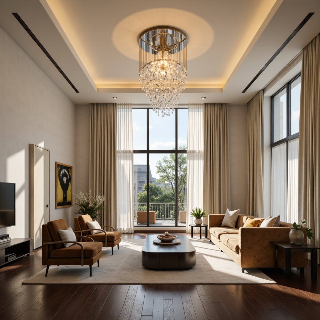 Prompt: Luxurious living room, modern chandelier, crystal droplets, sleek metal fixtures, soft warm glow, ambient lighting, creamy white walls, dark hardwood floors, plush velvet sofas, minimalist decor, floor-to-ceiling windows, natural daylight, sheer curtains, subtle color palette, sophisticated elegance, 1/1 composition, shallow depth of field, realistic textures.