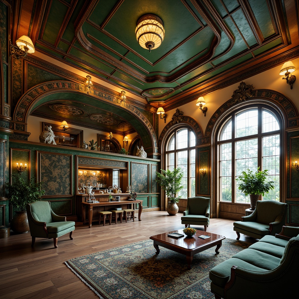 Prompt: Richly ornate interior, Art Nouveau style, sinuous lines, flowing curves, organic forms, luxurious fabrics, jewel-toned colors, emerald green, sapphire blue, amethyst purple, golden yellow, copper accents, bronze fixtures, intricately patterned wallpapers, stained glass windows, mosaic tiles, ornate plasterwork, curvaceous furniture, velvety smooth textures, warm soft lighting, 1/1 composition, intimate atmosphere.