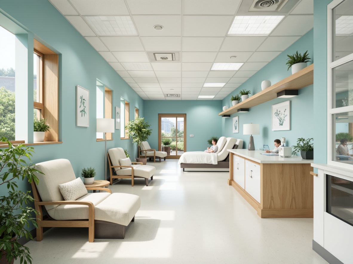 Prompt: \Soothing hospital interior, calming color scheme, pale blue walls, creamy white furniture, warm beige accents, natural wood tones, gentle greenery, soft indirect lighting, comfortable waiting areas, peaceful patient rooms, serene nurse stations, minimalist decor, subtle patterns, acoustic soundproofing, cozy textiles, uplifting artwork, tranquil ambiance, 1/1 composition, soft focus, realistic rendering.\