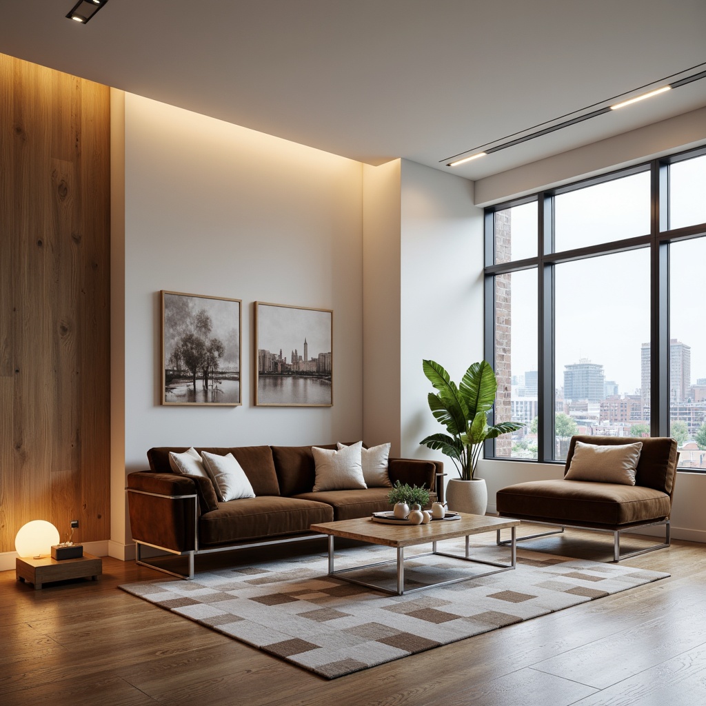 Prompt: Elegant modern living room, sleek low-profile sofa, velvet upholstery, polished chrome legs, minimalist coffee table, geometric patterned rug, ambient floor lamp, soft warm glow, Scandinavian-inspired decor, natural wood accents, creamy white walls, large windows, urban city view, 1/1 composition, shallow depth of field, realistic textures.