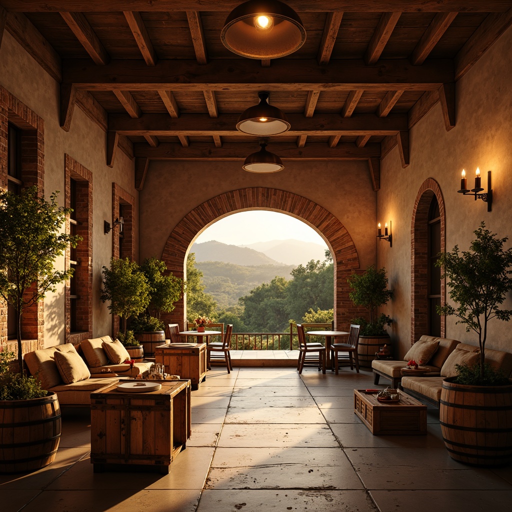 Prompt: Rustic winery, wooden barrels, vineyard views, warm golden lighting, soft candlelight, ambient glow, dimmable pendant lights, industrial metal shades, reclaimed wood accents, earthy color palette, natural stone walls, brick archways, vintage wine-making equipment, wooden crates, cozy tasting rooms, intimate gathering spaces, warm beige tones, soft focus, shallow depth of field, 2/3 composition, realistic textures, subtle shadows.