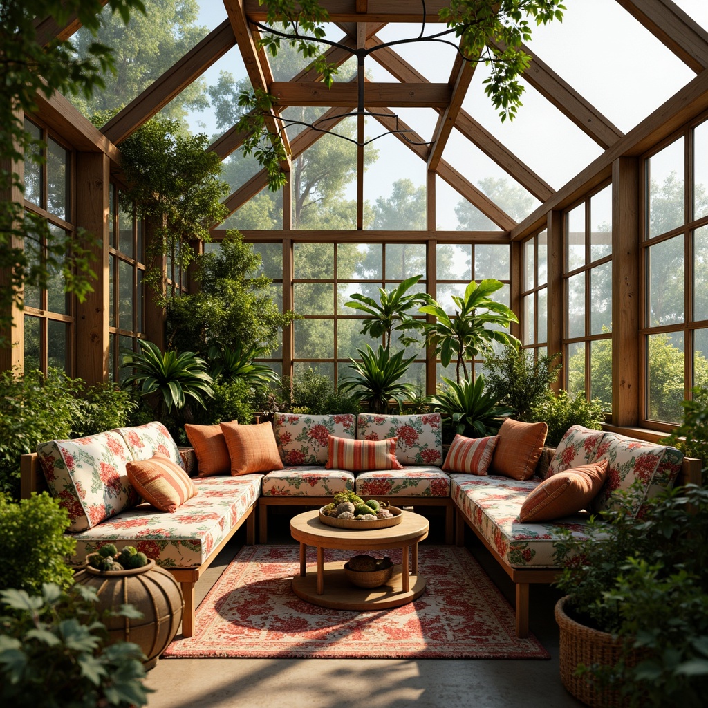 Prompt: Cozy greenhouse interior, lush greenery, natural light, warm ambiance, comfortable seating areas, soft cushions, vibrant colorful textiles, intricate floral patterns, breathable fabrics, moisture-wicking materials, thermal insulation, energy-efficient design, sustainable living, organic gardening, rustic wooden accents, rattan furniture, woven baskets, earthy color palette, nature-inspired decor, serene atmosphere, soft warm lighting, shallow depth of field, 3/4 composition, panoramic view, realistic textures, ambient occlusion.