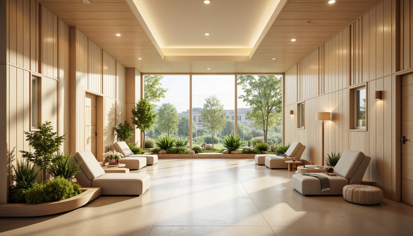 Prompt: Warm rehabilitation center, natural wood accents, soft cream walls, comfortable seating areas, calming color schemes, warm beige floors, gentle diffused lighting, floor-to-ceiling windows, lush greenery views, modern minimalist furniture, subtle textures, ambient occlusion, 1/1 composition, realistic renderings, educational graphics, inspirational quotes, motivational artwork, peaceful atmosphere, relaxing soundscapes, soft background music.