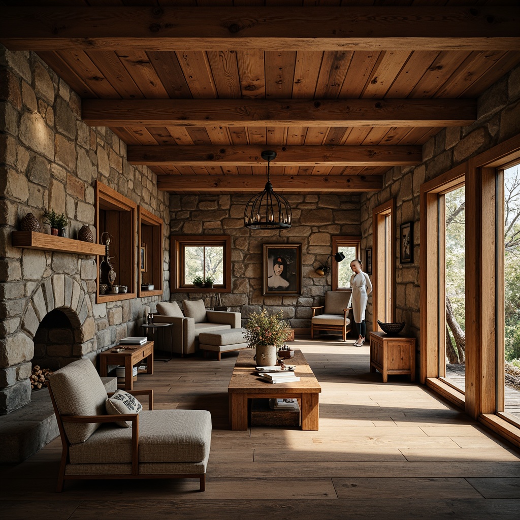 Prompt: Rustic cabin, natural stone walls, wooden accents, earthy tones, rough-hewn beams, reclaimed wood floors, cozy fireplaces, vintage furniture, distressed finishes, warm ambient lighting, shallow depth of field, 3/4 composition, soft focus, organic textures, natural materials, earthy colors, wooden decorations, antique accessories.