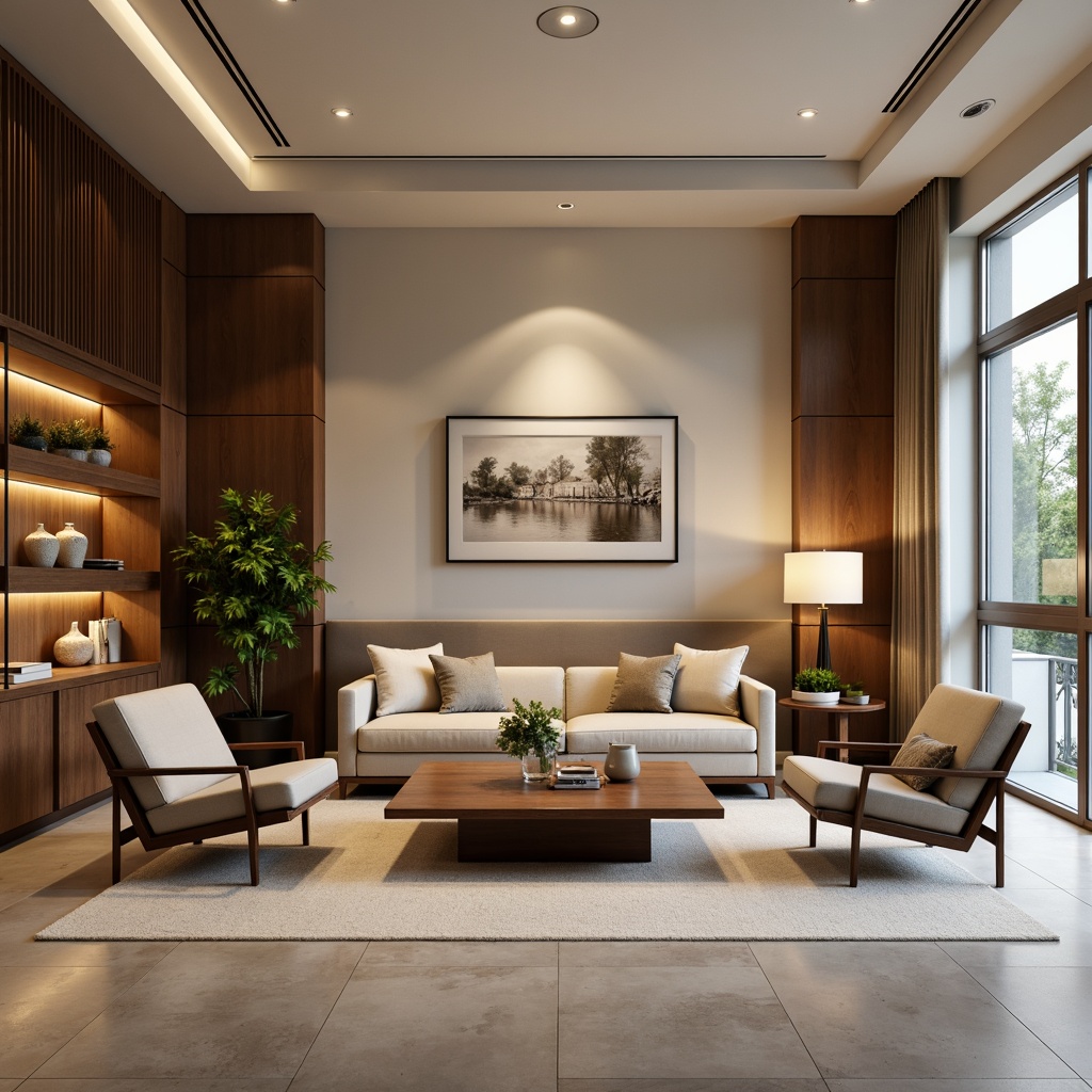 Prompt: Elegant living room, comfortable sofa, wooden coffee table, modern armchairs, stylish lamps, luxurious carpets, minimalistic shelves, decorative vases, natural plants, warm beige walls, large windows, soft diffused lighting, 3/4 composition, realistic textures, ambient occlusion.