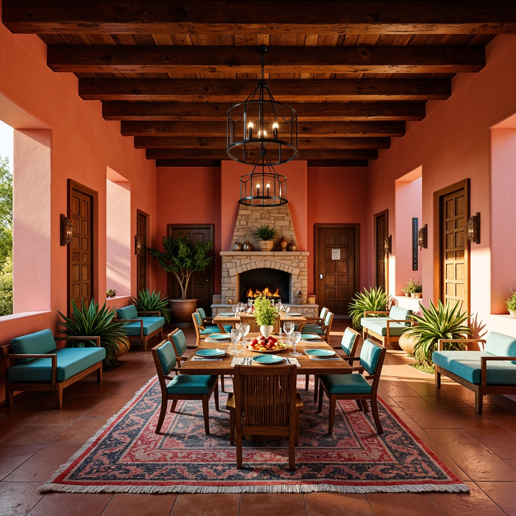 Prompt: Southwestern dining room, warm adobe red walls, rustic wooden furniture, vibrant turquoise accents, woven Native American-inspired textiles, earthy terracotta floors, natural stone fireplaces, lush greenery, pendant lanterns, wrought iron chandeliers, bold geometric patterns, warm golden lighting, shallow depth of field, 1/1 composition, realistic textures, ambient occlusion.