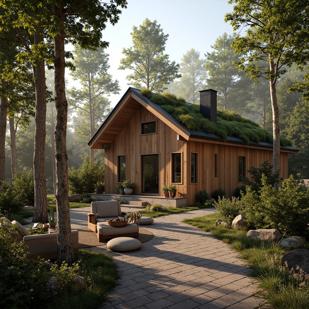 Prompt: Rustic wooden cabins, earthy tones, natural stone walls, reclaimed wood accents, green roofs, living walls, lush vegetation, serene forest surroundings, warm sunlight filtering through trees, soft misty atmosphere, shallow depth of field, 3/4 composition, panoramic view, realistic textures, ambient occlusion, cozy interior spaces, plush furnishings, woven textiles, organic shapes, earth-inspired color palette.