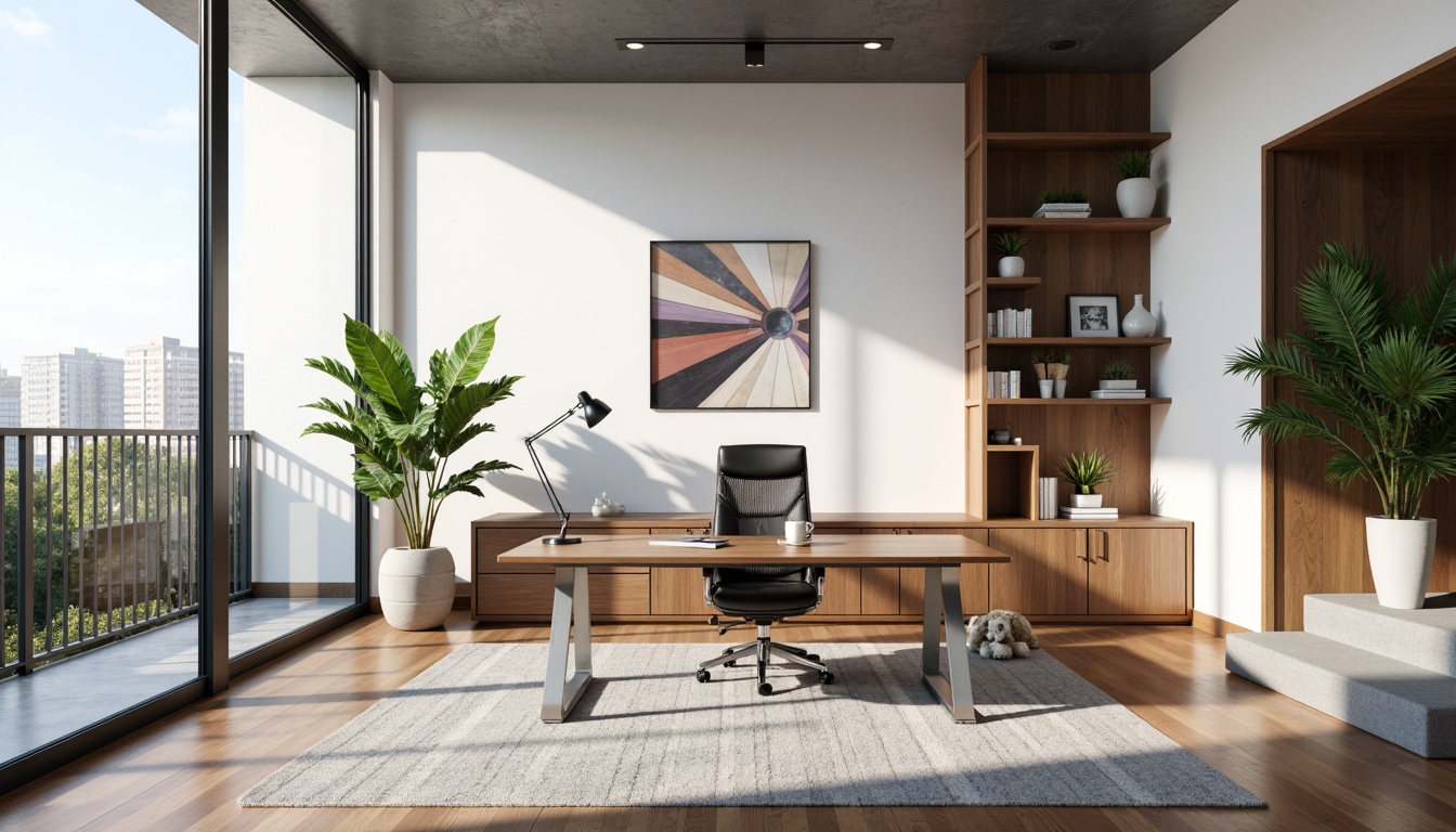 Prompt: Minimalist home office, sleek modern furniture, polished chrome legs, ergonomic chair, adjustable desk lamp, geometric patterns, abstract artwork, floor-to-ceiling windows, natural light pouring in, urban cityscape view, 1/1 composition, soft box lighting, realistic wood textures, ambient occlusion, potted plants, greenery, industrial-chic decor, metallic accents, functional storage units.