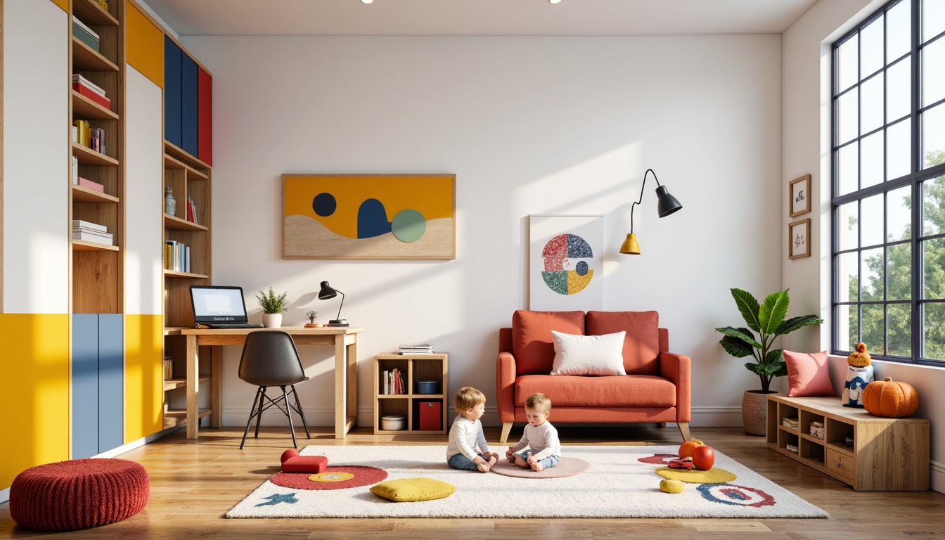 Prompt: Vibrant kids' room, Bauhaus-inspired furniture, bold color blocks, geometric shapes, minimalist decor, wooden floorboards, white walls, modernist chair, colorful rug, abstract artwork, playful storage units, multi-functional desk, ergonomic chair, task lighting, cozy reading nook, natural wood accents, 3D geometric patterns, Scandinavian-inspired textiles, softbox lighting, shallow depth of field, 2/3 composition.