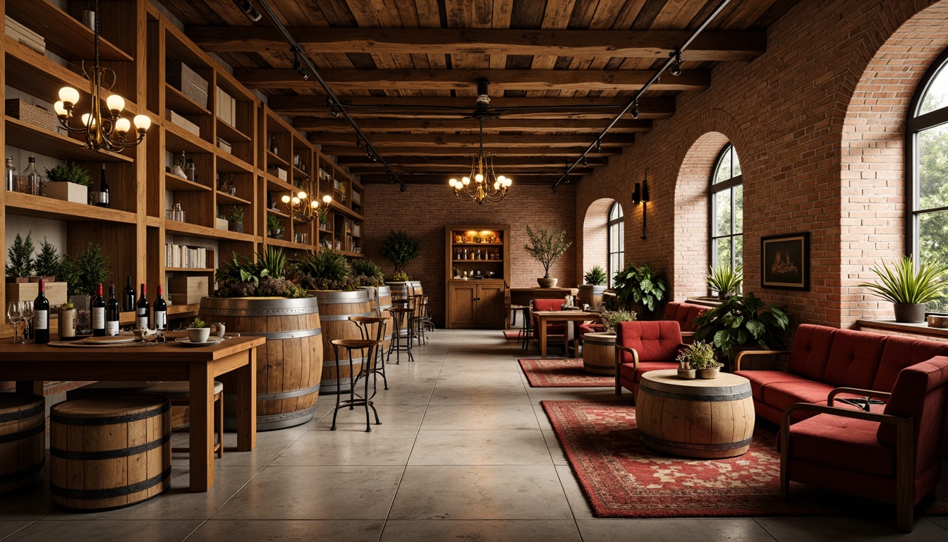 Prompt: Rustic winery interior, reclaimed wood accents, distressed metal frames, vintage wine barrels, wooden crates, earthy color palette, natural stone flooring, brick walls, arched windows, rustic chandeliers, wine-themed decorative items, rich velvet upholstery, worn leather armchairs, ornate wooden tables, metal lanterns, candlelight ambiance, warm golden lighting, soft focus, shallow depth of field, 2/3 composition, realistic textures, ambient occlusion.