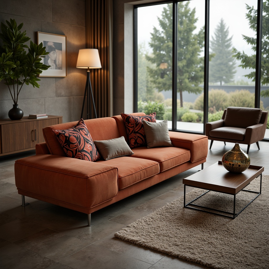 Prompt: Luxurious living room, sleek modern sofa, velvet upholstery, chrome legs, minimalist coffee table, rich wood grain, ambient floor lamp, plush area rug, stylish armchair, vibrant accent pillows, natural stone wall, large windows, soft diffused lighting, shallow depth of field, 1/1 composition, realistic textures, ambient occlusion.