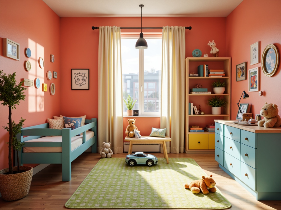 Prompt: Vibrant kids' room, playful color scheme, bright coral walls, soft cream accents, energetic blue furniture, whimsical yellow decorations, fun polka dot patterns, lively green rugs, cozy reading nook, plush toys, wooden shelves, natural light, warm afternoon sunbeams, shallow depth of field, 1/1 composition, realistic textures, ambient occlusion.