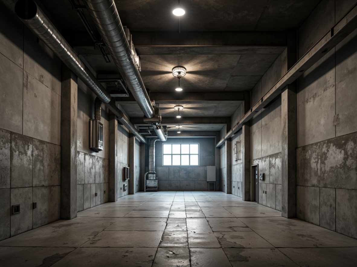 Prompt: Raw concrete walls, exposed ductwork, industrial steel beams, brutalist architecture, dramatic high ceilings, sparse minimalist decor, cold harsh lighting, overhead fluorescent lights, metal cage lamps, bare Edison bulbs, intense directional spotlights, deep shadows, high contrast ratios, cinematic atmosphere, gritty urban feel, abandoned factory ambiance, distressed textures, rough stone floors, poured concrete surfaces, industrial-chic aesthetic, functional simplicity, brutal honesty.