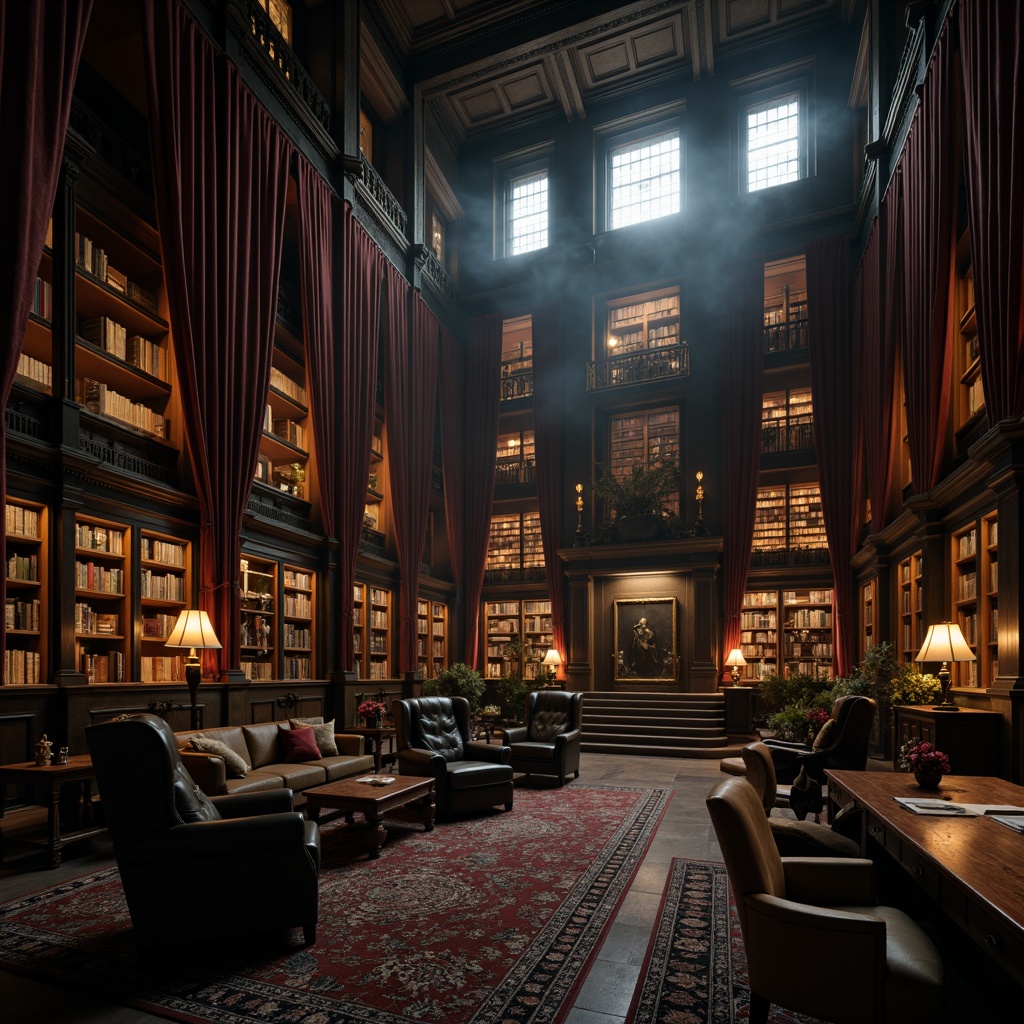 Prompt: Dark academia atmosphere, ornate wooden bookshelves, rich velvet drapes, mysterious lanterns, worn leather armchairs, ancient tomes, stone walls, vaulted ceilings, grand wooden desks, intricately carved furniture, mystical artifacts, dim warm lighting, atmospheric fog, cinematic composition, high contrast ratio, dramatic shadows.