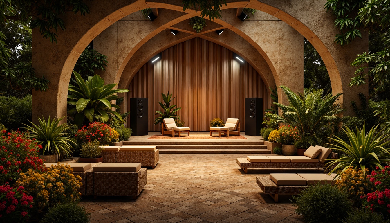 Prompt: Lush tropical foliage, vibrant colorful flowers, warm wooden accents, natural stone walls, curved lines, organic shapes, intimate stage setting, comfortable seating areas, rustic wooden benches, woven rattan furniture, ambient soft lighting, warm golden tones, cozy atmospheric ambiance, state-of-the-art sound systems, high-fidelity speakers, acoustic panels, soundproofing materials, live performance area, dynamic lighting design, shallow depth of field, 3/4 composition, realistic textures, ambient occlusion.