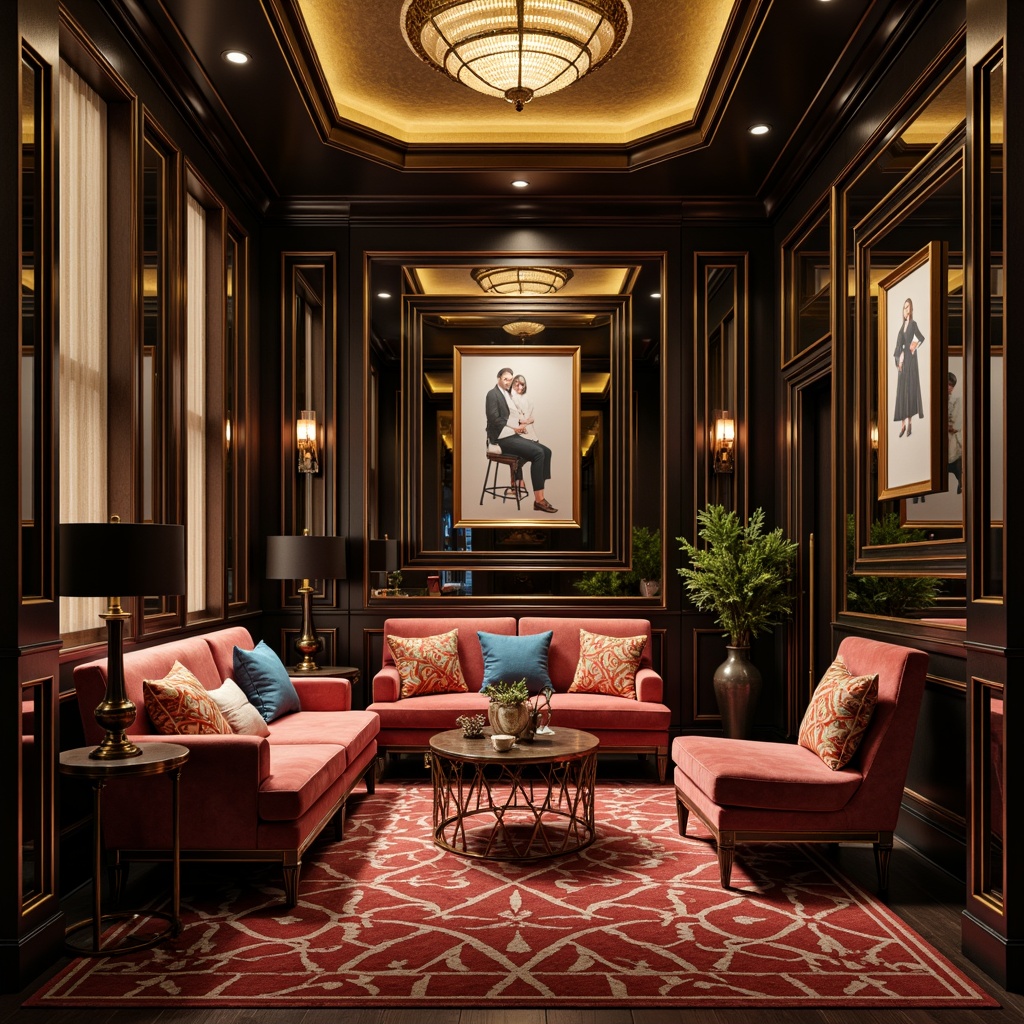 Prompt: Luxurious velvet sofas, ornate metal frames, glossy ebony wood, inlaid mother of pearl, geometric patterns, metallic accents, luxurious fabrics, curved lines, bold colors, opulent textures, lavish decorations, glamorous atmosphere, soft golden lighting, 3/4 composition, shallow depth of field, realistic reflections, ambient occlusion.