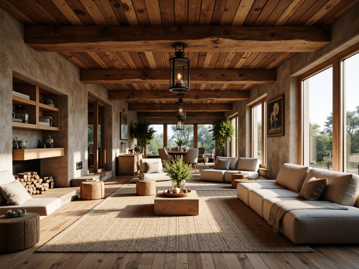 Prompt: Rustic farmhouse, wooden beams, distressed wood accents, natural stone walls, earthy color palette, vintage metal lanterns, cozy living room, plush furniture, woven textiles, natural fiber rugs, large windows, soft warm lighting, shallow depth of field, 3/4 composition, panoramic view, realistic textures, ambient occlusion.