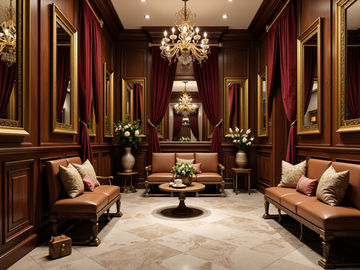 Prompt: Luxurious mudroom, ornate wooden paneling, gilded mirrors, velvet drapes, rich brown leather benches, antique bronze hardware, intricate carvings, opulent chandeliers, marble flooring, ornamental vases, lavish textiles, gold accents, soft warm lighting, shallow depth of field, 3/4 composition, realistic textures, ambient occlusion.