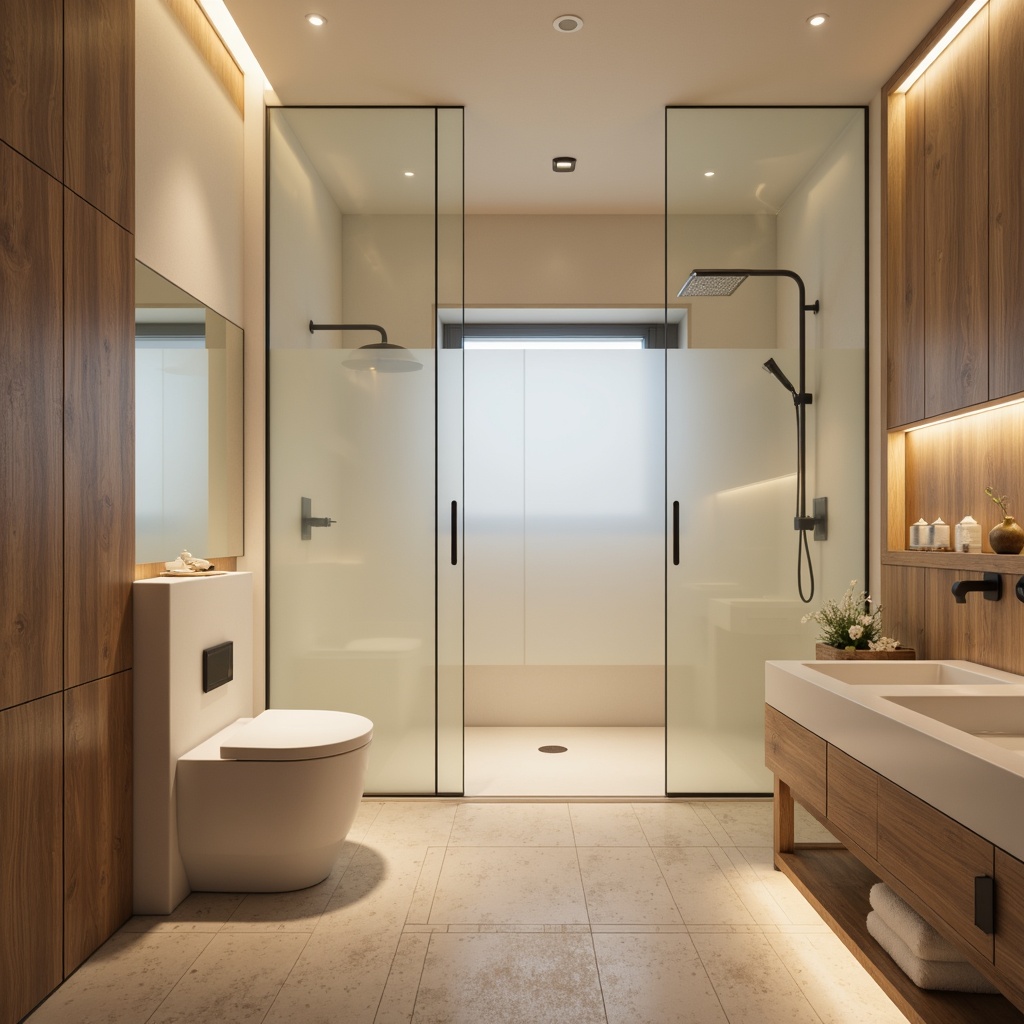 Prompt: Minimalist bathroom, soft warm lighting, frosted glass shower doors, sleek chrome fixtures, pale wood accents, white porcelain sink, LED strip lights, recessed ceiling lights, natural stone flooring, matte black faucets, ambient glow, subtle shadows, 1/1 composition, shallow depth of field, realistic textures.