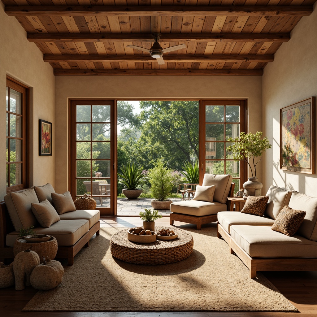 Prompt: Cozy living room, rustic wooden furniture, earthy tone fabrics, woven baskets, natural fiber rugs, vintage decorative items, distressed wood accents, soft warm lighting, warm beige walls, traditional vernacular architecture, large windows, sliding glass doors, lush greenery views, sunny afternoon, shallow depth of field, 1/1 composition, realistic textures, ambient occlusion.