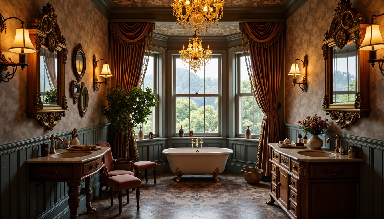 Prompt: Whimsical powder room, ornate mirrors, antique furniture, lavish chandeliers, crystal droplets, beaded fringe, velvet drapes, marble countertops, gold accents, soft warm glow, candelabras, sconce lighting, textured walls, distressed finishes, eclectic decor, vintage accessories, luxurious ambiance, dramatic shadows, high contrast lighting, 1/1 composition, shallow depth of field, realistic textures.