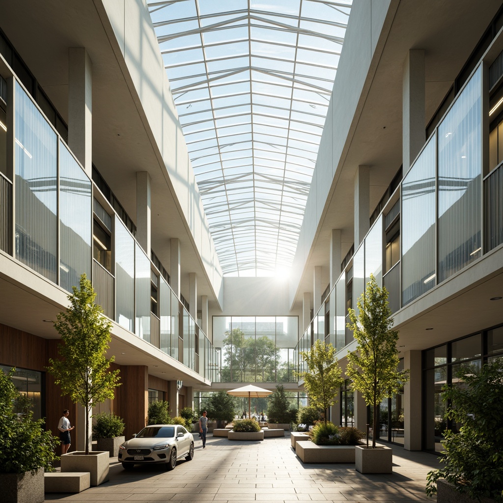 Prompt: Natural light-filled atrium, glass roof, clerestory windows, translucent walls, prismatic skylights, diffused lighting, soft shadows, ambient illumination, daylight harvesting systems, solar tubes, reflective surfaces, minimalist interior design, open floor plans, curved lines, sleek modern architecture, urban cityscape, morning sunlight, warm cozy atmosphere, shallow depth of field, 1/1 composition, realistic textures, subtle color palette.