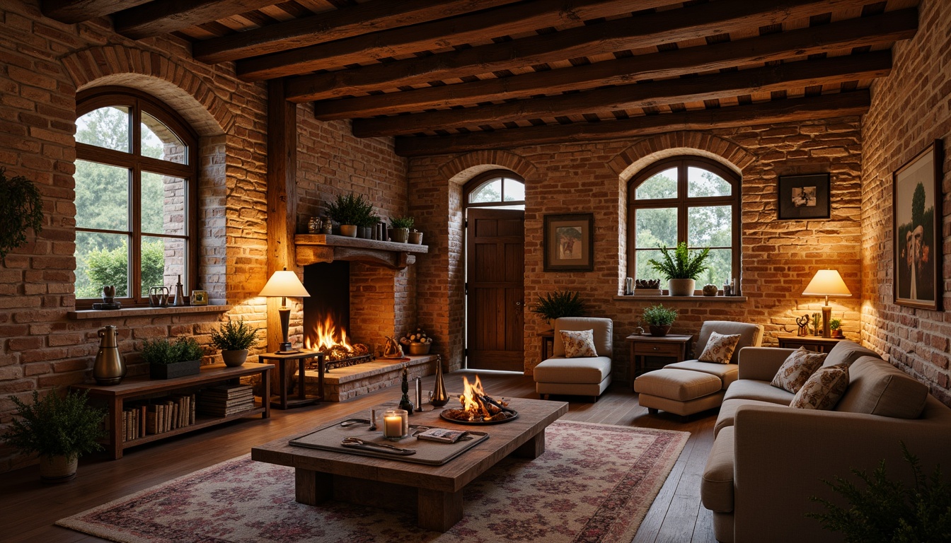 Prompt: Rustic cottage, exposed brick walls, earthy tones, rugged textures, natural stone foundations, wooden beams, distressed wood accents, vintage metal fixtures, warm candlelight, cozy fireplaces, plush furnishings, nature-inspired color palette, soft focus, shallow depth of field, 1/2 composition, intimate atmosphere.