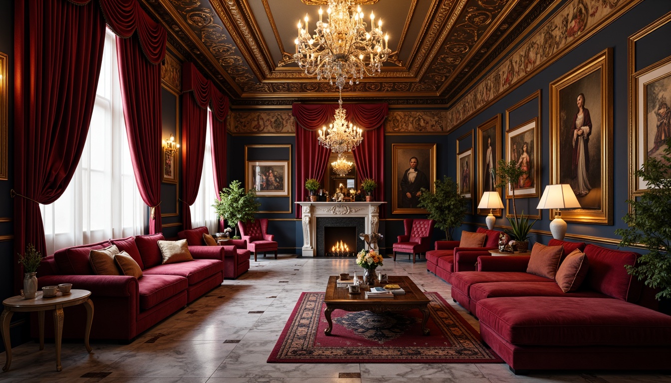 Prompt: Rich velvet fabrics, ornate gold leafing, warm candlelight, luxurious marble floors, intricate fresco ceilings, opulent chandeliers, lavish drapery, sumptuous upholstery, bold red accents, deep blue hues, regal purple tones, gilded mirror frames, antique furniture pieces, ornamental carvings, subtle sfumato shading, dramatic chiaroscuro lighting, 1/1 composition, intimate atmosphere, realistic textures, ambient occlusion.