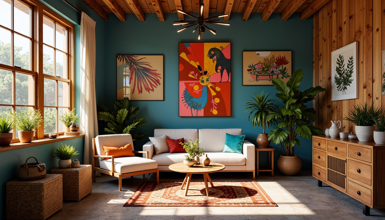 Prompt: Vibrant artistic studio, eclectic furniture, rich wood accents, bold colorful walls, abstract artwork, modern lighting fixtures, sleek metal decor, bohemian textiles, intricate patterns, natural stone flooring, lush greenery, warm sunny day, soft warm lighting, shallow depth of field, 1/1 composition, realistic textures, ambient occlusion.