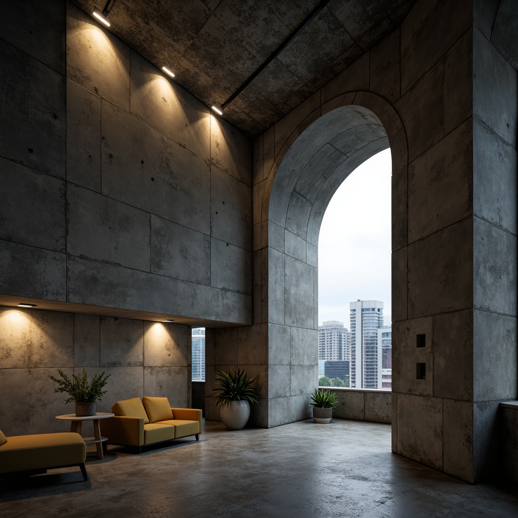 Prompt: Exposed concrete walls, rugged brutalist architecture, dramatic high ceilings, industrial-style lighting fixtures, harsh overhead lighting, accentuated shadow areas, warm-toned spotlights, bold architectural details, raw unfinished textures, cold atmospheric ambiance, intense directional lighting, minimalist decorative elements, functional simplicity, urban cityscape views, cloudy day, soft contrast ratio, 2/3 composition, cinematic mood, realistic materials, subtle color grading.