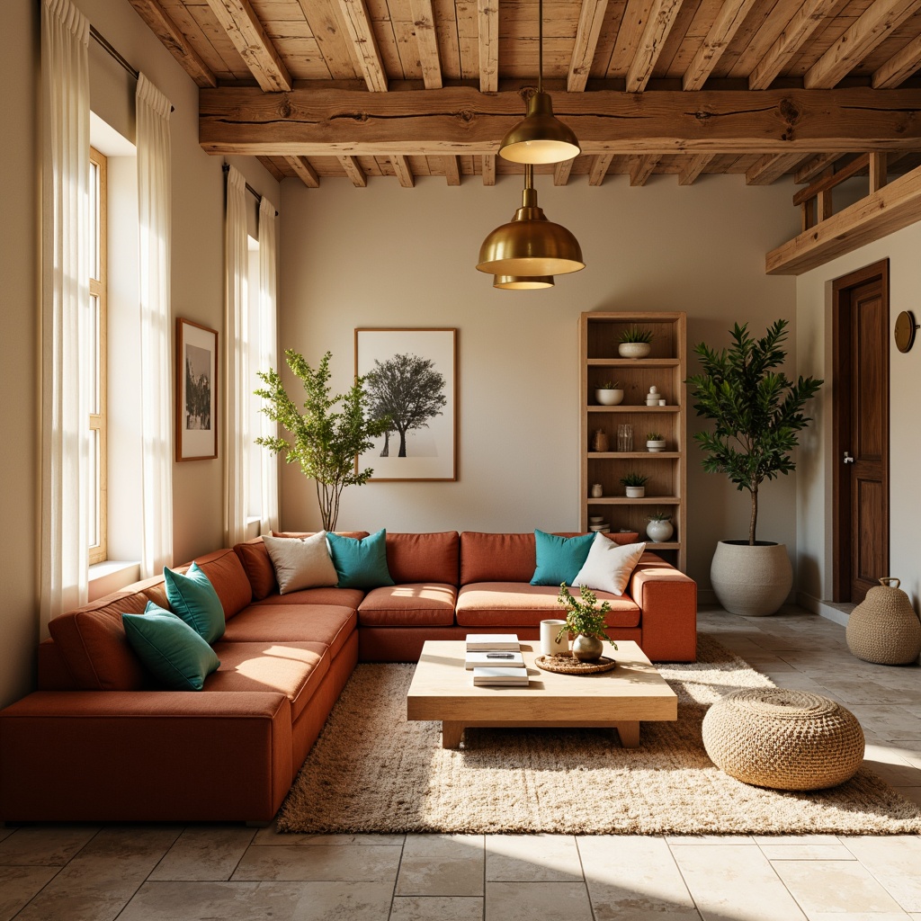 Prompt: Vibrant living room, warm beige walls, rich walnut furniture, plush velvet sofa, golden lighting fixtures, bold turquoise accents, natural stone flooring, cozy throw blankets, soft cream-colored curtains, rustic wooden shelves, modern minimalist decor, bright airy atmosphere, warm sunny day, shallow depth of field, 1/1 composition, realistic textures.