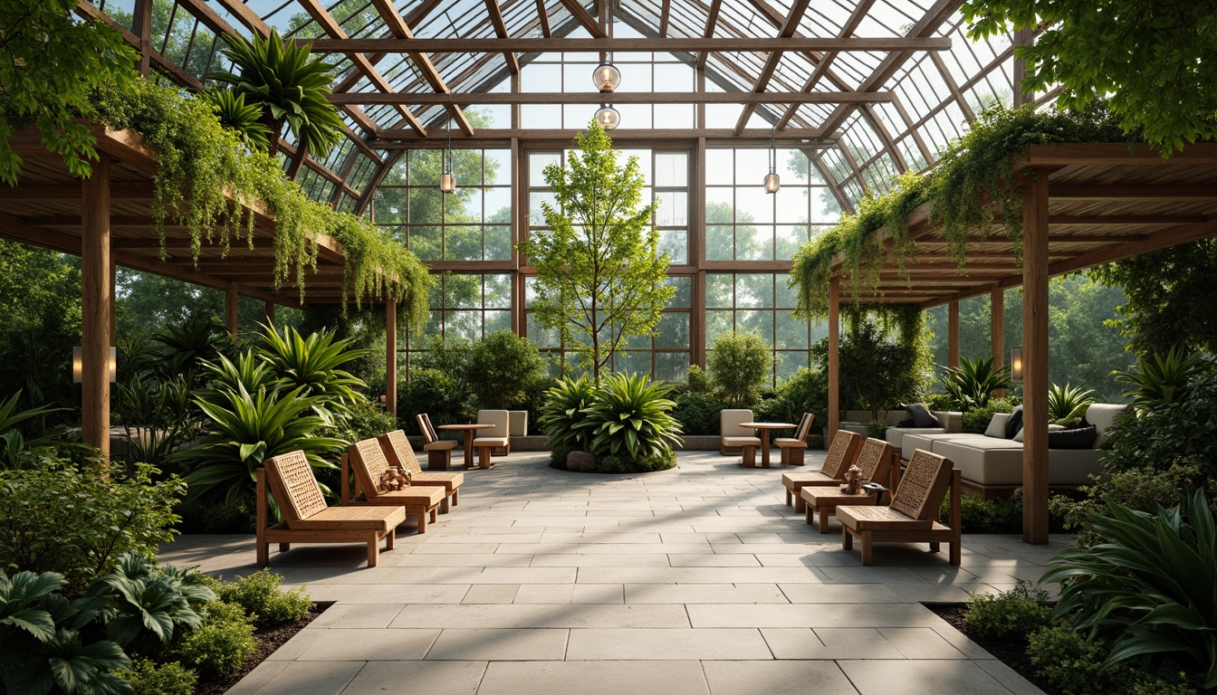 Prompt: Serenely designed greenhouse, lush greenery, exotic plants, natural stone flooring, wooden benches, intricately carved Asian-inspired furniture, minimalist decor, warm soft lighting, shallow depth of field, 3/4 composition, panoramic view, realistic textures, ambient occlusion, rattan chairs, woven bamboo tables, paper lanterns, subtle water features, tranquil atmosphere.