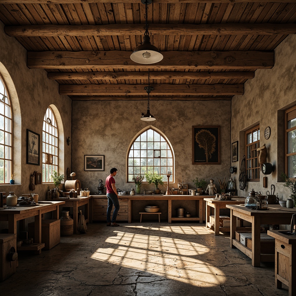 Prompt: Rustic workshop interior, textured walls, Art Nouveau ornate details, sinuous lines, flowing curves, organic shapes, earthy color palette, wooden workbenches, metal tools, vintage machinery, distressed finishes, worn stone floors, ornate metalwork, stained glass windows, soft warm lighting, shallow depth of field, 2/3 composition, realistic textures, ambient occlusion.