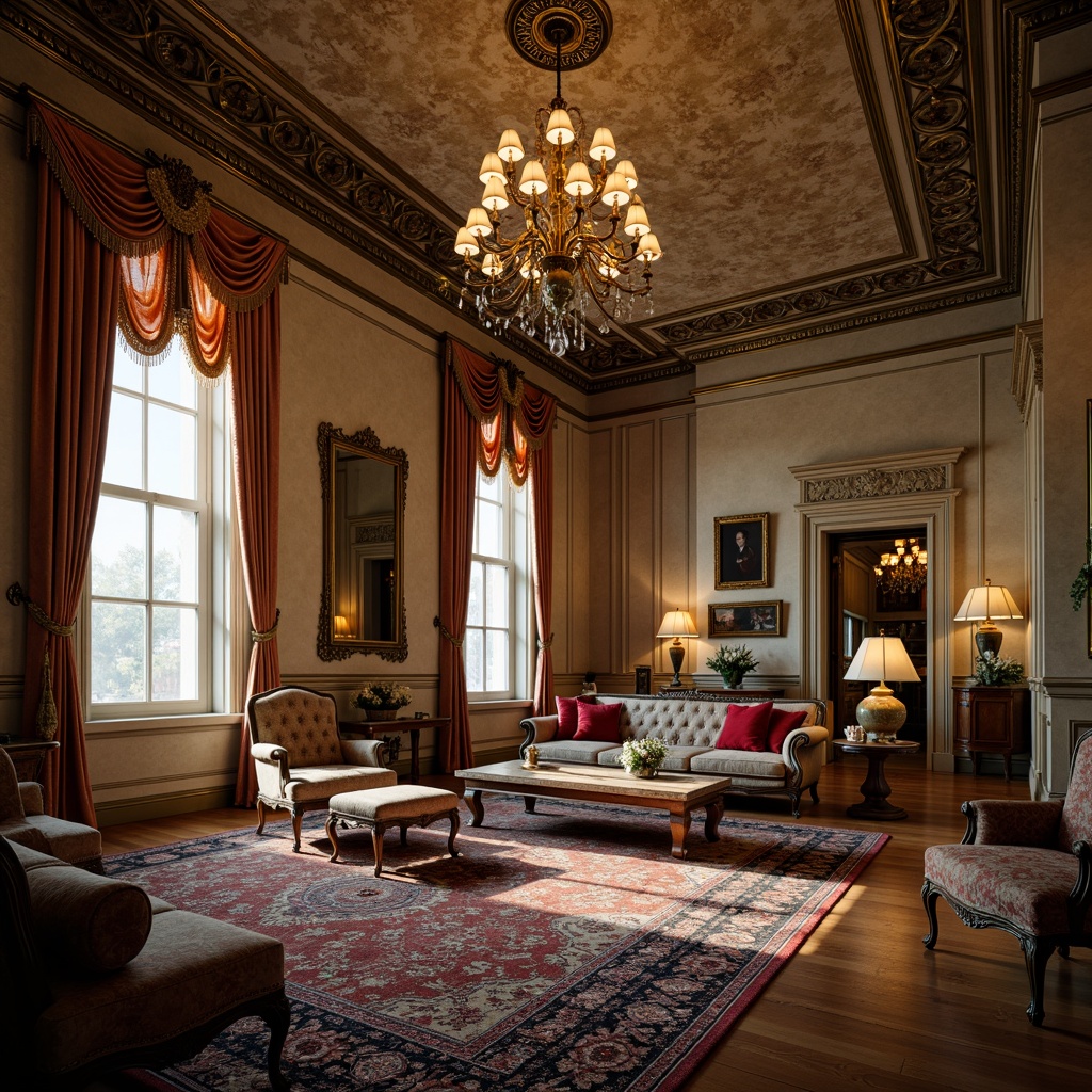 Prompt: Ornate furniture, luxurious fabrics, lavish chandeliers, intricate molding, patterned rugs, carved wood accents, metallic fixtures, ornamental mirrors, grand staircases, opulent curtains, dramatic lighting, warm neutral tones, soft focus, atmospheric glow, 1/2 composition, shallow depth of field, realistic textures, ambient occlusion.