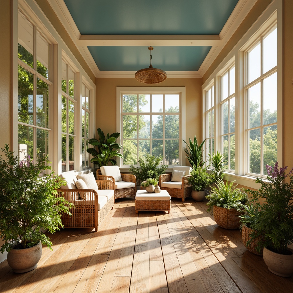 Prompt: Vibrant sunroom, warm natural light, lush greenery, blooming flowers, wicker furniture, rattan accents, earthy tones, sandy beige walls, sky blue ceilings, creamy white trim, golden brown wood floors, soft pastel hues, calming atmosphere, serene ambiance, gentle color transitions, nature-inspired colors, organic textures, subtle patterns, cozy reading nooks, comfortable seating areas, tranquil retreat, peaceful escape, warm sunny day, soft diffused lighting, 1/1 composition, intimate focal point.