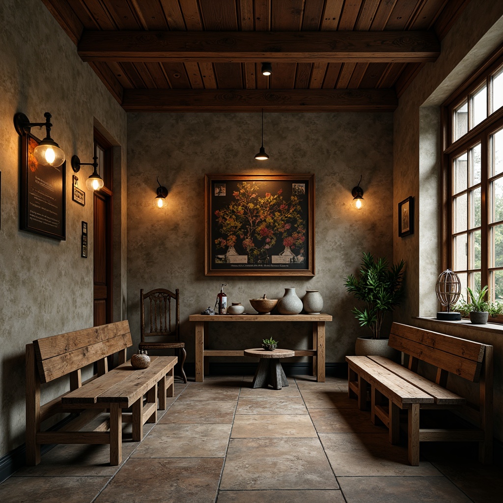 Prompt: Weathered wooden benches, distressed metal chairs, vintage lanterns, reclaimed wood accents, earthy color palette, natural stone flooring, rustic wooden tables, antique artifacts, memorial plaques, solemn atmosphere, soft warm lighting, subtle texture details, 1/2 composition, intimate close-up shots, realistic materials, ambient occlusion.