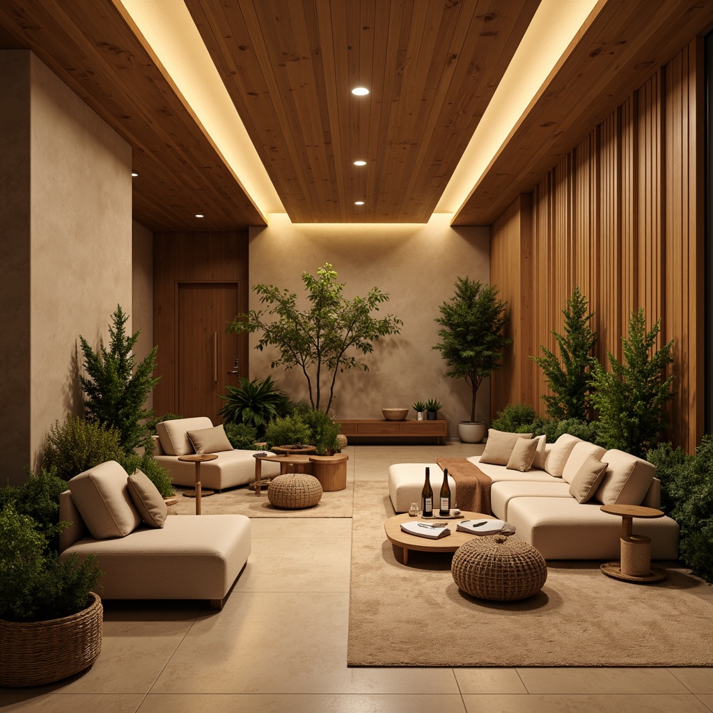 Prompt: Warm and inviting interior space, earthy tone walls, natural wood accents, plush furniture, soft velvet textures, golden lighting fixtures, warm beige floors, cozy throw blankets, lush green plants, calming water features, serene ambiance, gentle color transitions, 1/1 composition, shallow depth of field, realistic rendering, ambient occlusion.Please let me know if this meets your requirements.