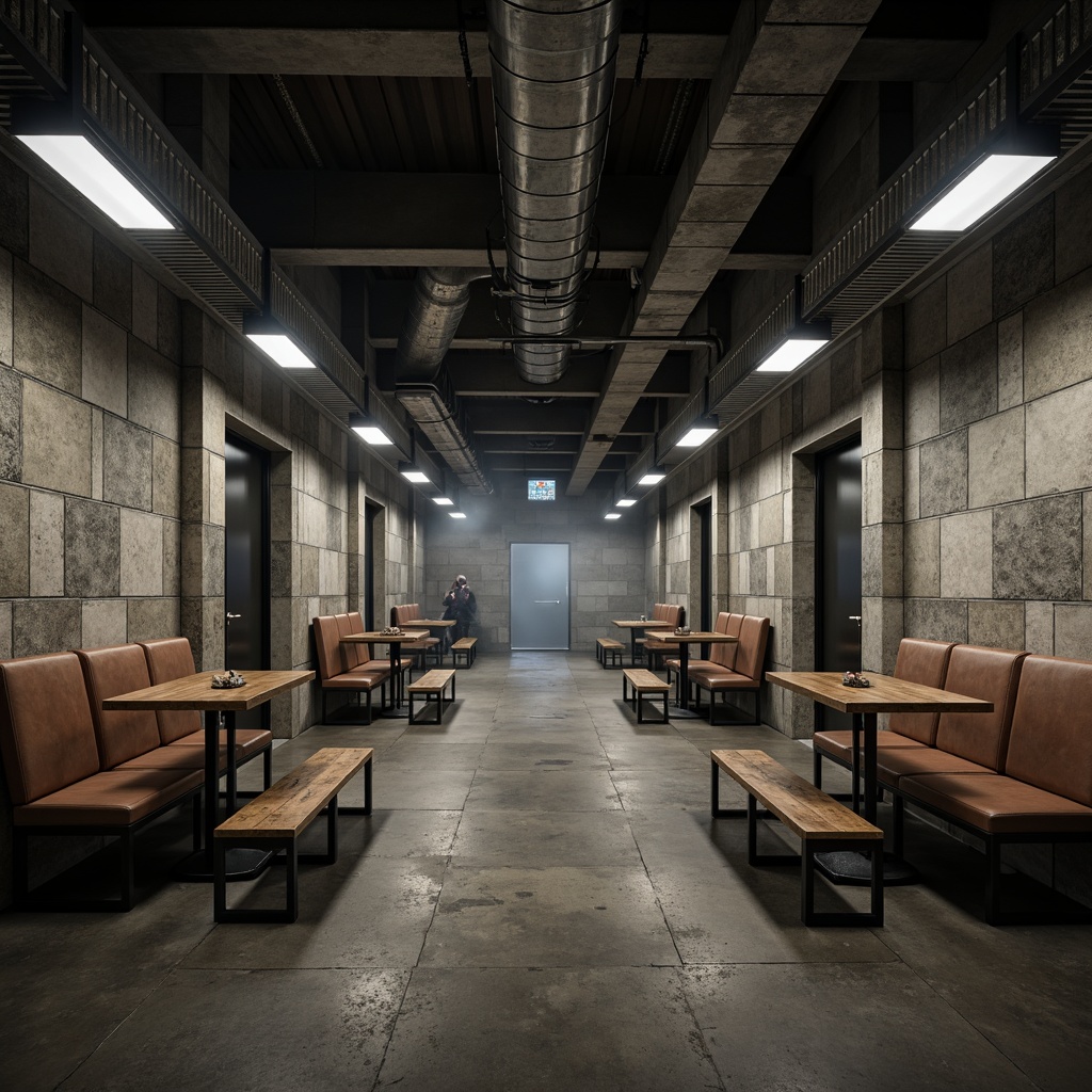 Prompt: Raw concrete benches, industrial metal frames, exposed ductwork, brutalist architecture, urban metro atmosphere, dimly lit tunnels, rough-hewn stone walls, bold geometric patterns, distressed leather upholstery, cold steel accents, minimalist seating areas, functional design, utilitarian aesthetic, moody color palette, dramatic shadows, high-contrast lighting, cinematic composition, gritty textures, atmospheric fog.