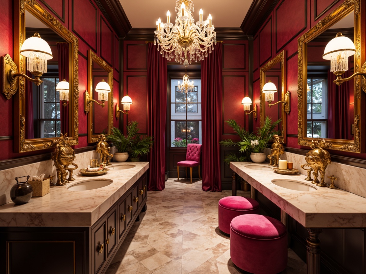 Prompt: Vibrant powder room, luxurious marble countertops, ornate golden faucets, crystal chandeliers, plush velvet upholstered stools, rich jewel-toned walls, soft warm lighting, shallow depth of field, 3/4 composition, realistic textures, ambient occlusion, elegant mirrors, delicate floral patterns, intricate lace details, feminine accessories, lavish decor.