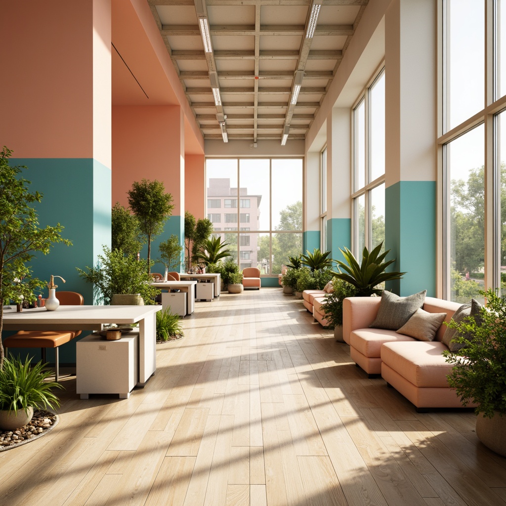 Prompt: Vibrant modern office space, pastel color scheme, soft peach tones, calming turquoise accents, creamy white walls, polished wooden floors, sleek metal furniture, natural textiles, abundant greenery, floor-to-ceiling windows, warm golden lighting, shallow depth of field, 3/4 composition, realistic materials, ambient occlusion.