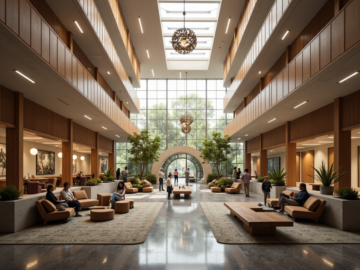 Prompt: Mid-century modern public building, spacious atrium, natural light pouring in, clerestory windows, warm wooden accents, minimalist decor, geometric patterns, retro-inspired lighting fixtures, sputnik chandeliers, globe pendant lights, floor-to-ceiling curtains, subtle color palette, earthy tones, organic textures, brutalist architecture, concrete structures, open floor plans, communal seating areas, grand staircases, dramatic ceiling heights, warm ambient glow, softbox lighting, 1/2 composition, low-key lighting, realistic reflections.