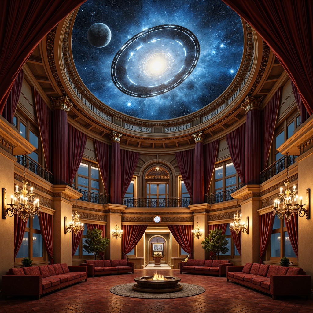 Prompt: Elegant planetarium, Victorian-style ornate chandeliers, starry night sky projections, celestial body murals, luxurious velvet drapes, intricate wooden paneling, golden accents, majestic domed ceiling, crystal glass details, soft warm lighting, ambient glow, realistic textures, shallow depth of field, 1/1 composition, symmetrical layout, grandiose architectural elements.