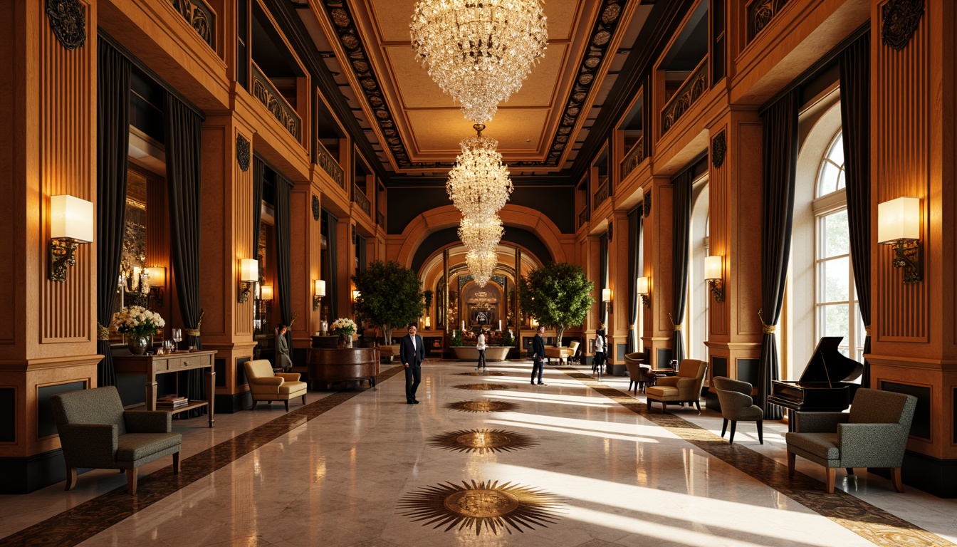 Prompt: Luxurious great room, high ceilings, ornate moldings, lavish chandeliers, sconce lighting, bronze metalwork, geometric patterns, marble flooring, rich wood paneling, velvet drapes, crystal glassware, opulent furniture, Art Deco motifs, metallic accents, sunburst mirrors, grand piano, warm golden lighting, soft shadows, 1/2 composition, dramatic spotlighting, realistic reflections.