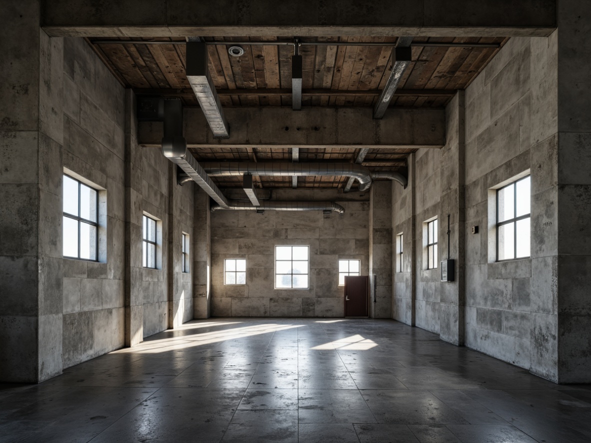 Prompt: Rugged concrete hall, brutalist architecture, industrial window frames, steel beams, raw concrete walls, minimalist interior, exposed ductwork, functional pipes, industrial-style lighting, rectangular windows, narrow vertical openings, heavy metal doors, raw stone flooring, dramatic natural light, high ceiling, atmospheric shadows, low-angle photography, realistic textures, ambient occlusion.