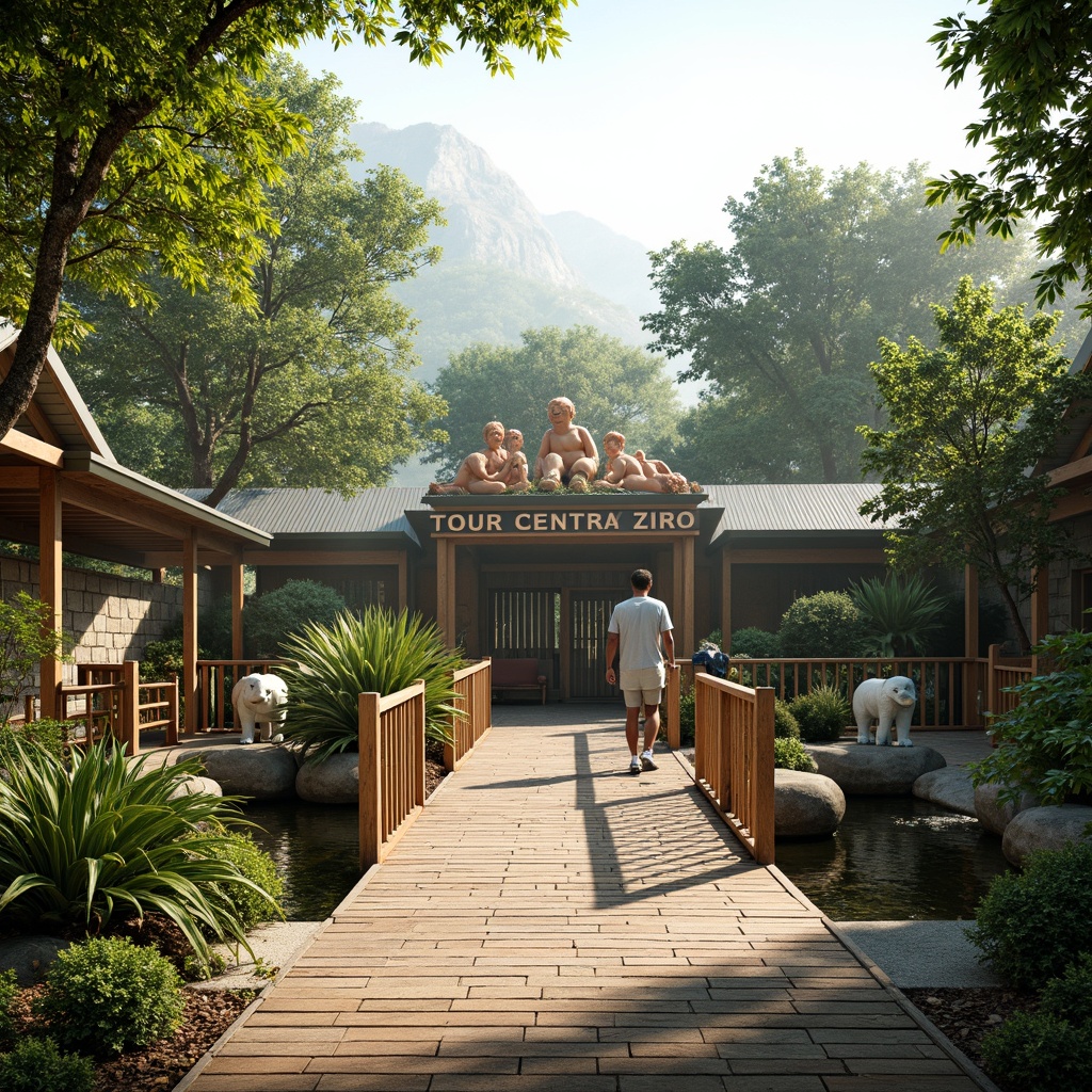 Prompt: Vibrant zoo entrance, playful animal sculptures, lush greenery, natural stone walls, wooden fences, exotic tropical plants, colorful birds perches, rustic wooden bridges, misty morning atmosphere, soft warm lighting, 3/4 composition, panoramic view, realistic textures, ambient occlusion.